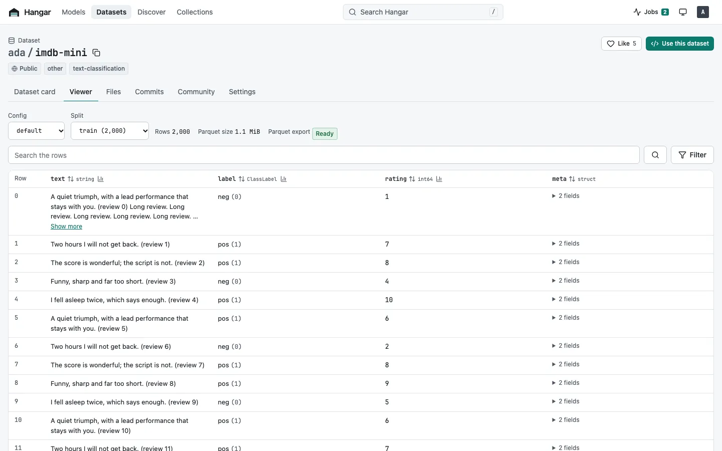 The Dataset Viewer showing rows of a dataset Split with column statistics