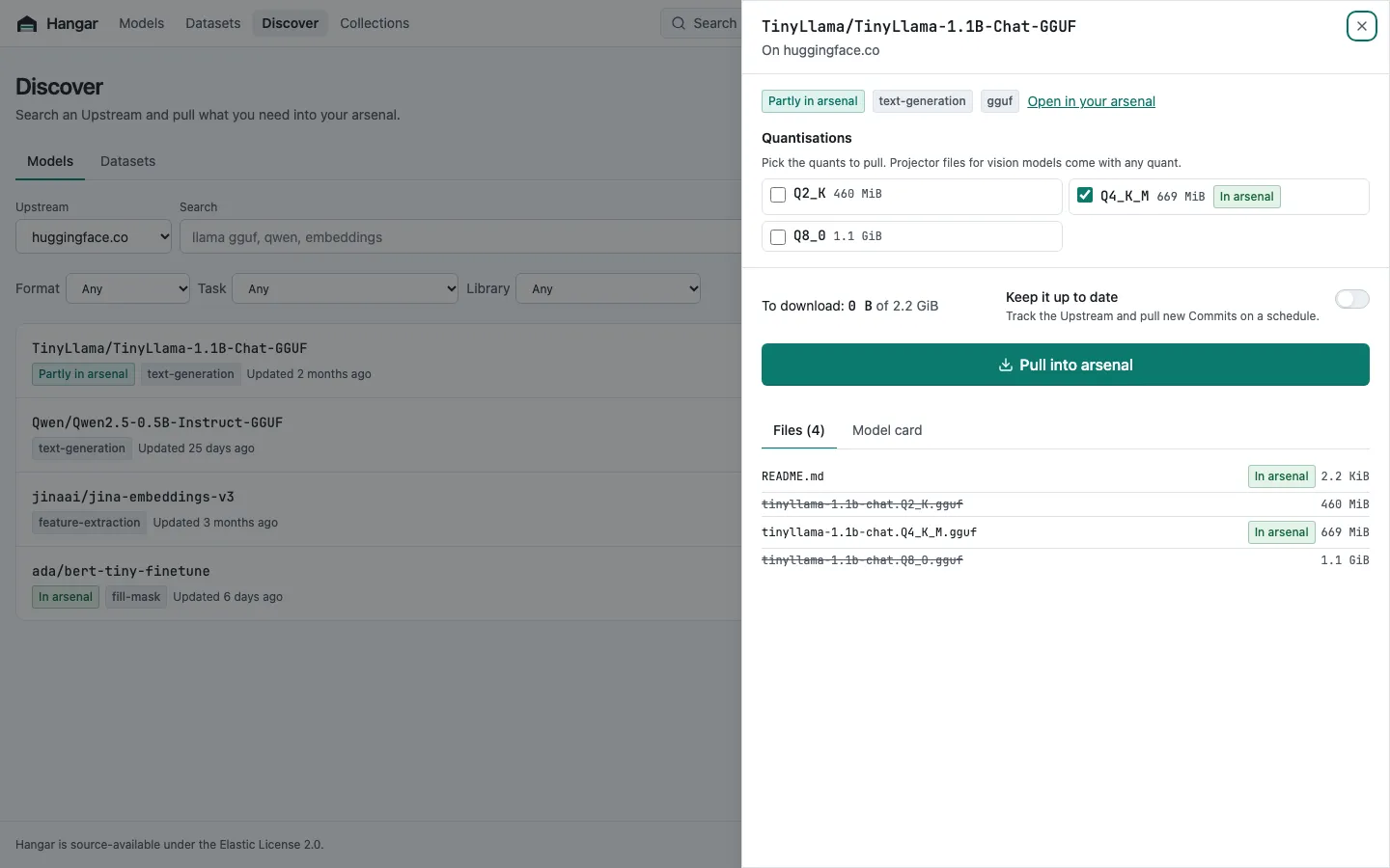 Discover searching huggingface.co, with the Repos already in the Arsenal marked