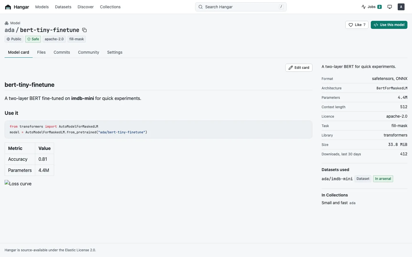 A model's page with its card, files, metadata and the Use this model button