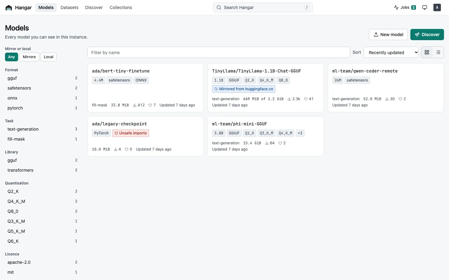 The Models list in Hangar's web UI, with filters for format, task, quantisation and size